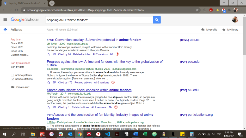 Google Scholar search results for "shipping AND anime fandom"